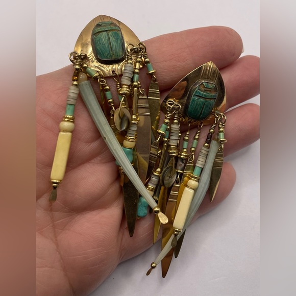 Vintage Signed Tabra Scarab Dentalium Gold Filled Dangle Earrings Pierced - Picture 6 of 12